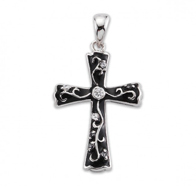 Black Enameled Cross Sterling Silver CZ Pendant — 18" Chain, Gift Box Included