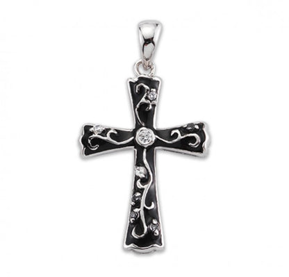 Black Enameled Cross Sterling Silver CZ Pendant — 18" Chain, Gift Box Included