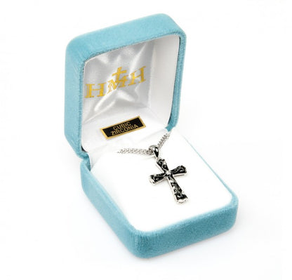 Black Enameled Cross Sterling Silver CZ Pendant — 18" Chain, Gift Box Included