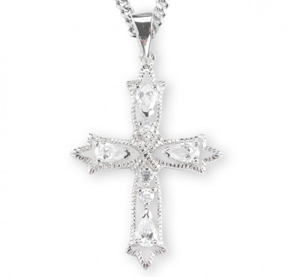Sterling Silver Fancy Cross w/Cubic Zirconia's CZ's, Catholic Gift, Made in USA