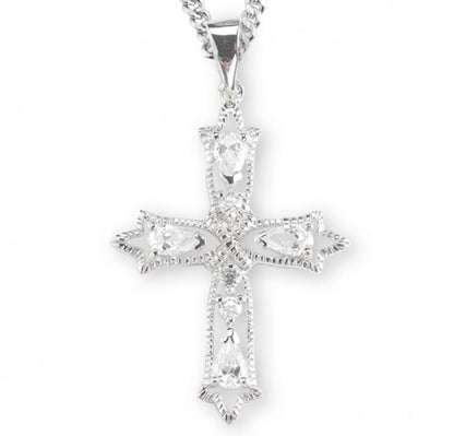 Sterling Silver Fancy Cross w/Cubic Zirconia's CZ's, Catholic Gift, Made in USA