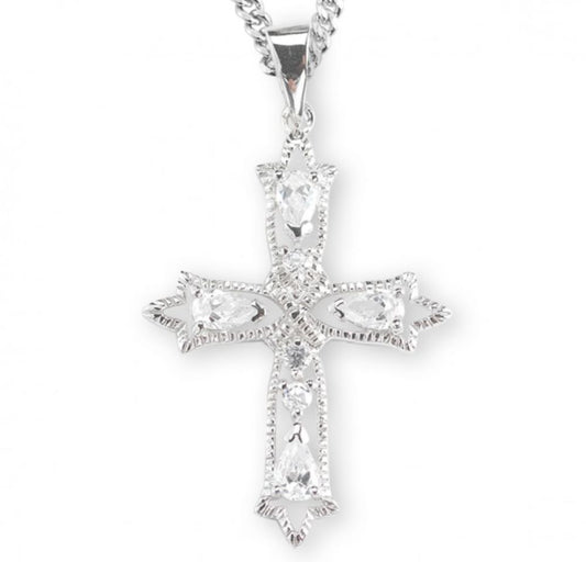 Sterling Silver Fancy Cross w/Cubic Zirconia's CZ's, Catholic Gift, Made in USA