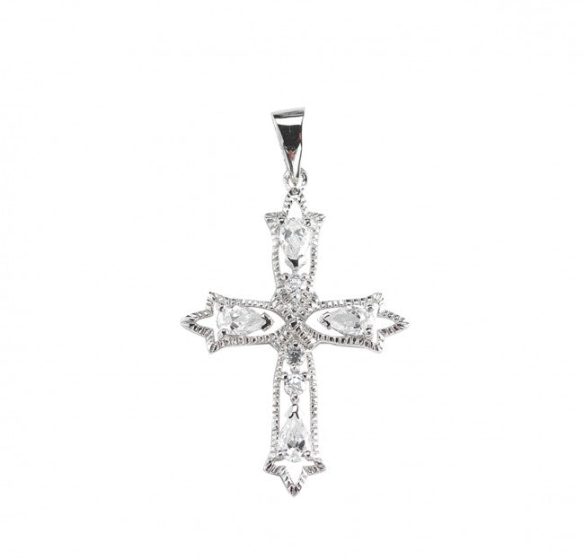Sterling Silver Fancy Cross Pendant Necklace with CZ — 18" Chain, Gift Box