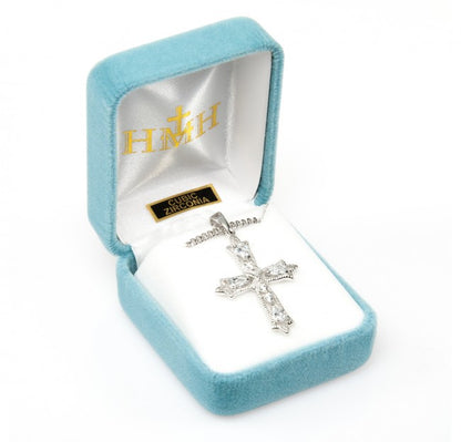 Sterling Silver Fancy Cross Pendant Necklace with CZ — 18" Chain, Gift Box