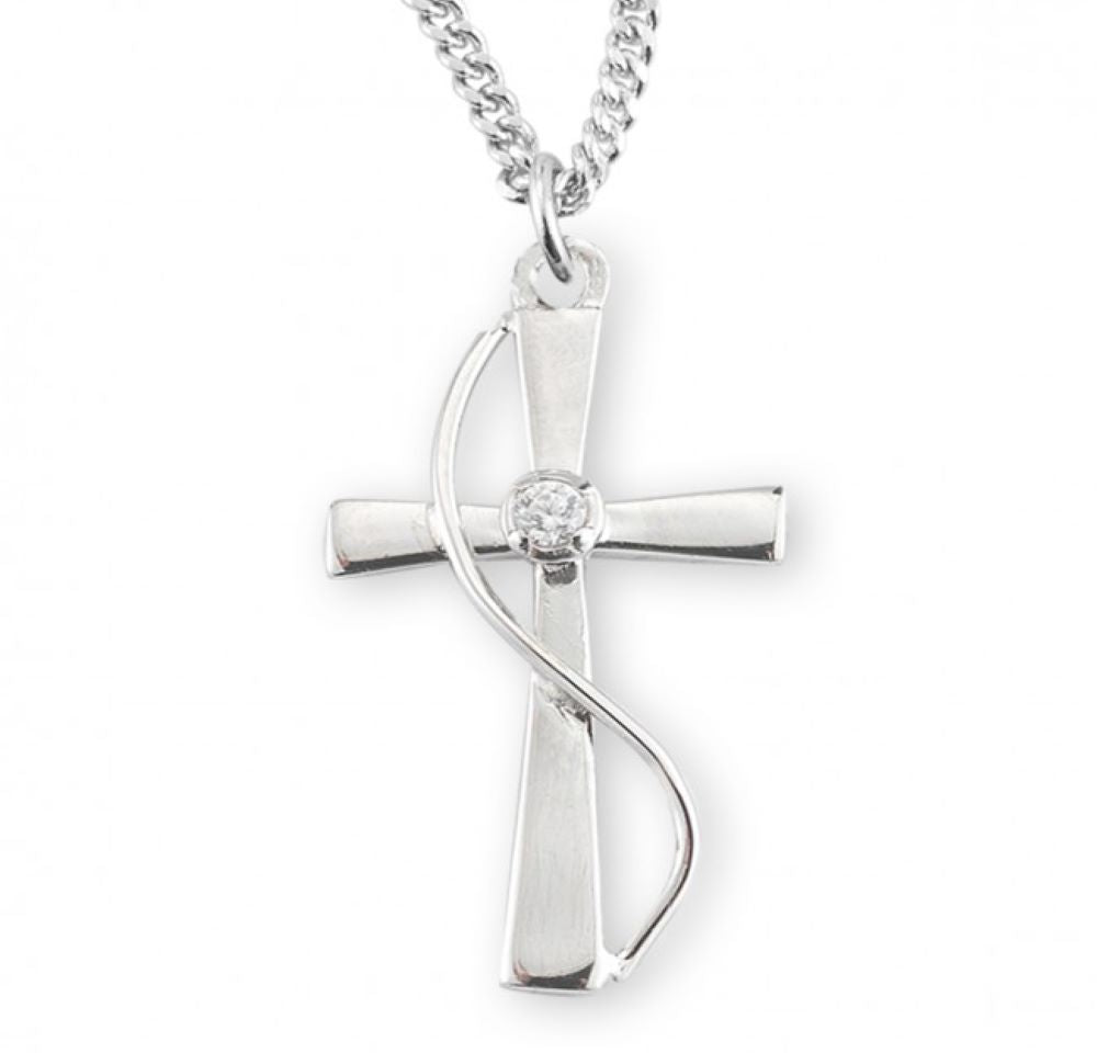 Sterling Silver Single Set Crystal Zircon Cross with Rhodium Plated Chain, Catholic Gift, Made in USA