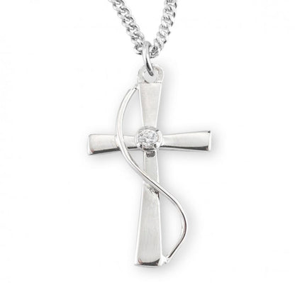 Sterling Silver Single Set Crystal Zircon Cross with Rhodium Plated Chain, Catholic Gift, Made in USA