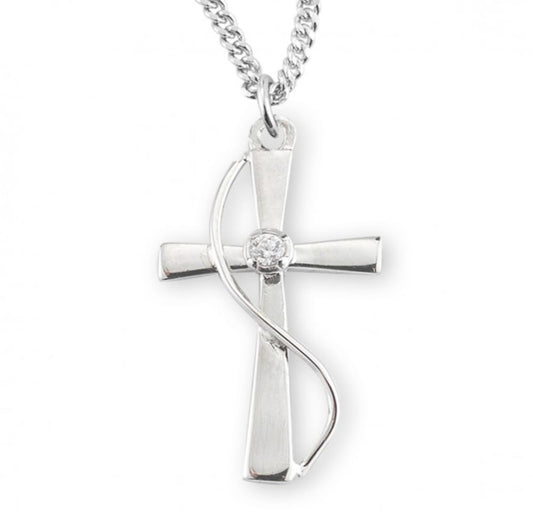 Sterling Silver Single Set Crystal Zircon Cross with Rhodium Plated Chain, Catholic Gift, Made in USA