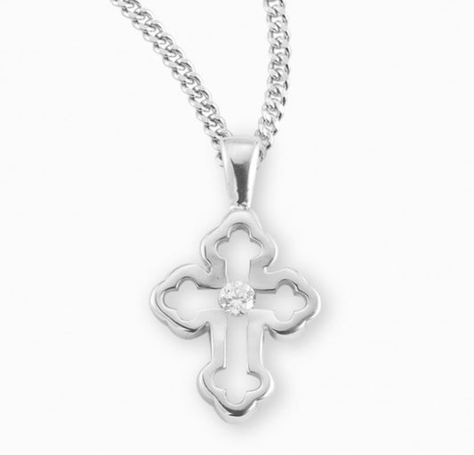 Sterling Silver Single Set Crystal Zircon Cross with Rhodium Plated Chain, Catholic Gift, Made in USA
