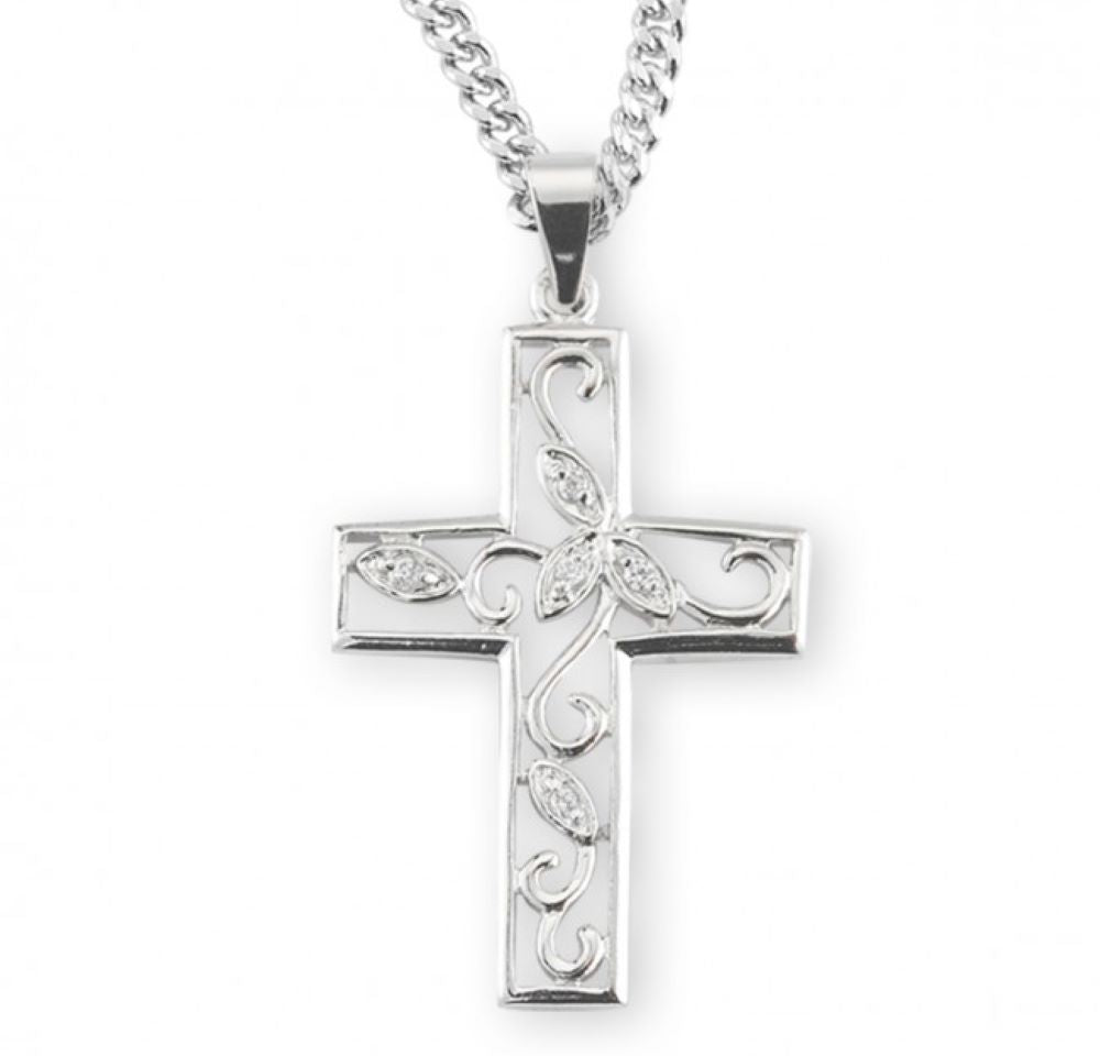 Sterling Silver Fancy Cross w/Cubic Zirconia CZ Center, Catholic Gift, Made in USA