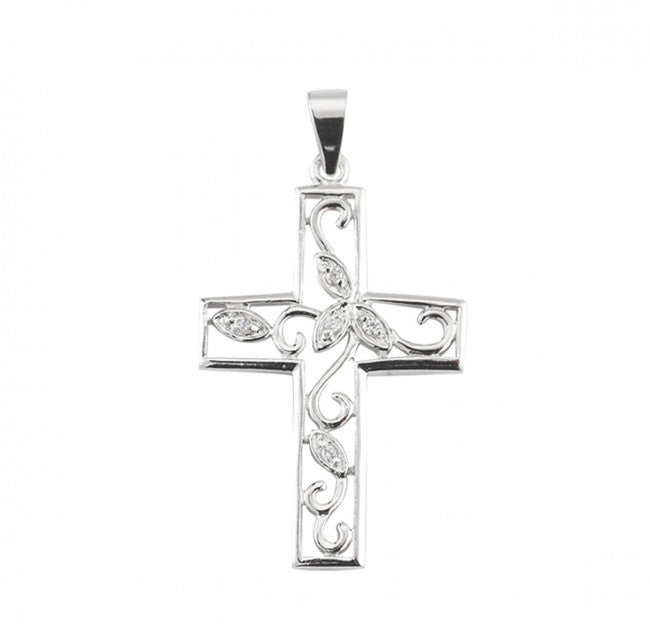 Fancy Cross Cubic Zirconia Sterling Silver Pendant — 18" Chain, Gift Box Included