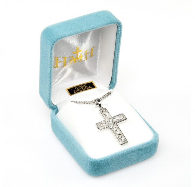 Fancy Cross Cubic Zirconia Sterling Silver Pendant — 18" Chain, Gift Box Included
