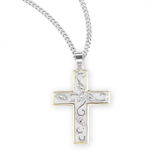 Sterling Silver Tu-Tone Vine Design Cut-Out Cross, Catholic Gift, Made in USA