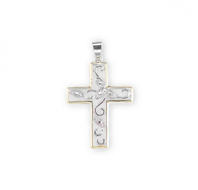 Two-Tone Sterling Silver Leaf and Vine Cross Necklace with CZ — 18" Chain