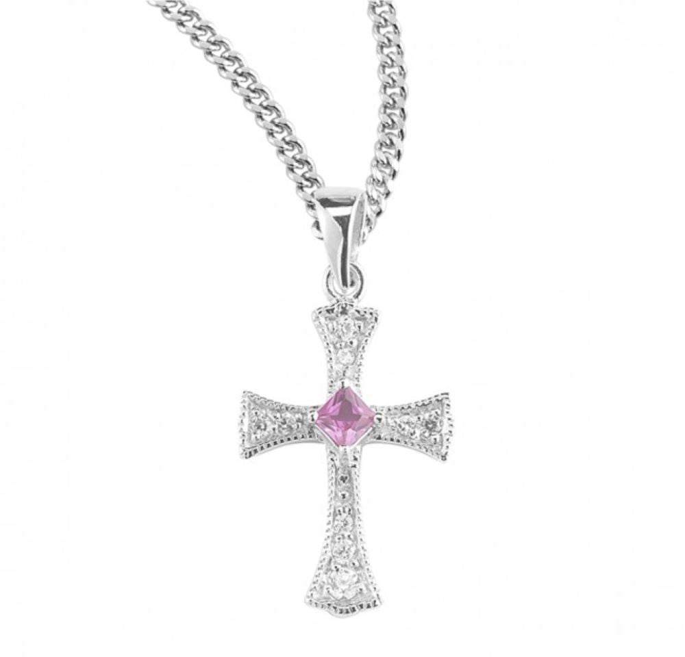 Sterling Silver Cubic Zircon and Fuchsia Cross, Catholic Gift, Made in USA