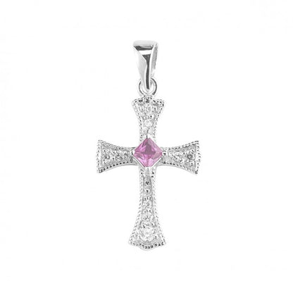 Sterling Silver Fuchsia and Crystal Cubic Zirconia Cross — 18" Chain, Gift Box