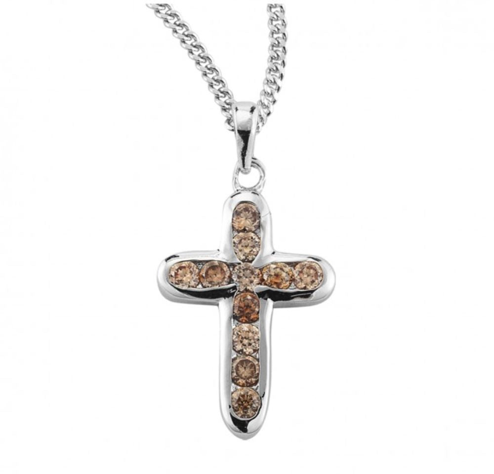 Champagne Crystal Sterling Silver Cross, Catholic Gift, Made in USA