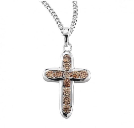 Champagne Crystal Sterling Silver Cross, Catholic Gift, Made in USA