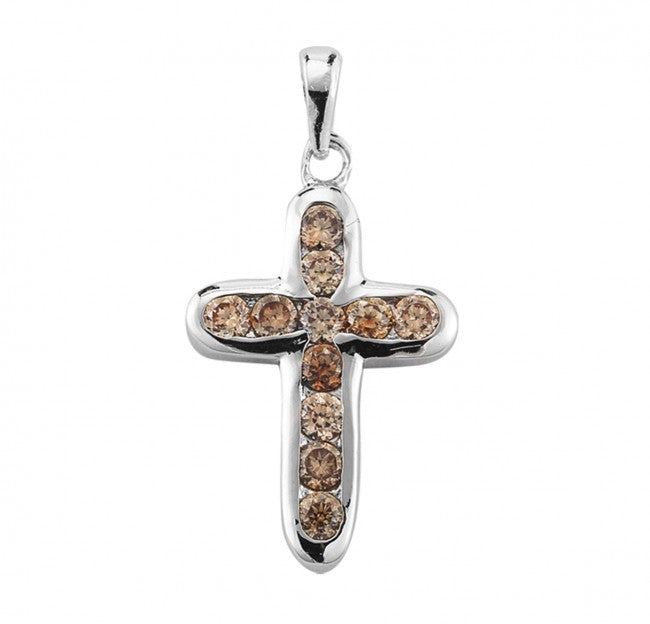 Champagne Crystal Sterling Silver Cross Pendant — 18" Chain, Made in USA, Gift Box