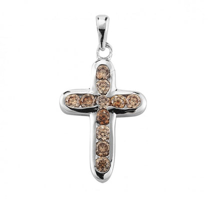 Champagne Crystal Sterling Silver Cross Pendant — 18" Chain, Made in USA, Gift Box