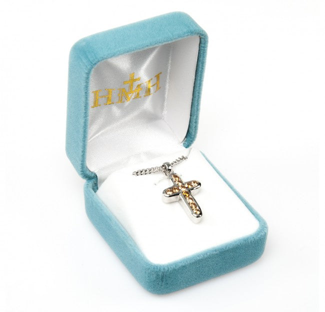 Champagne Crystal Sterling Silver Cross Pendant — 18" Chain, Made in USA, Gift Box