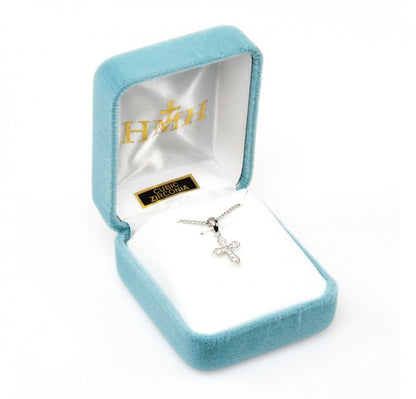 Sterling Silver Cross Pendant with Crystal Zircons — 18" Chain, Gift Box