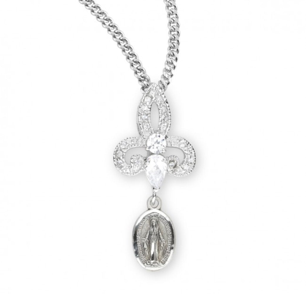 Sterling Silver Miraculous Medal with Cubic Set Zirconias, Catholic Gift, Made in USA