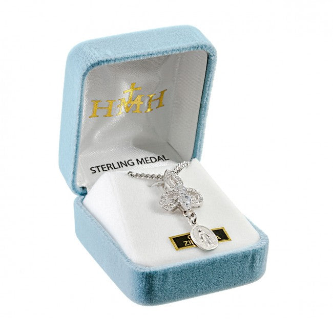 Miraculous Medal Sterling Silver CZ Pendant Necklace — 18" Chain, Gift Box