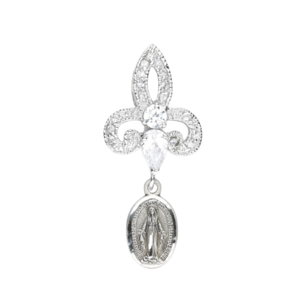 Miraculous Medal Sterling Silver CZ Pendant Necklace — 18" Chain, Gift Box
