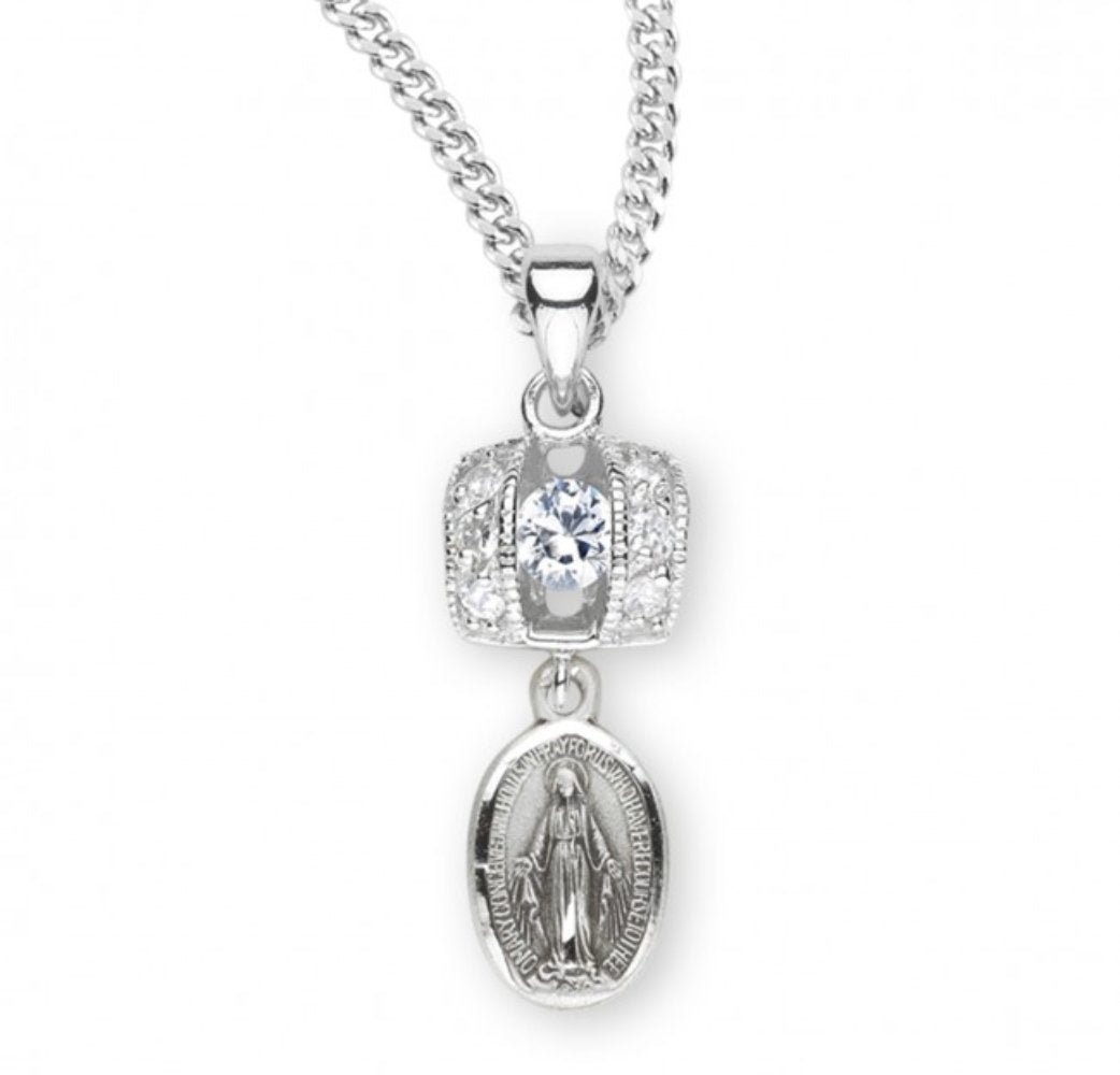 Sterling Silver Miraculous Medal with Cubic Set Zirconias, Catholic Gift, Made in USA