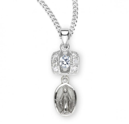 Sterling Silver Miraculous Medal with Cubic Set Zirconias, Catholic Gift, Made in USA