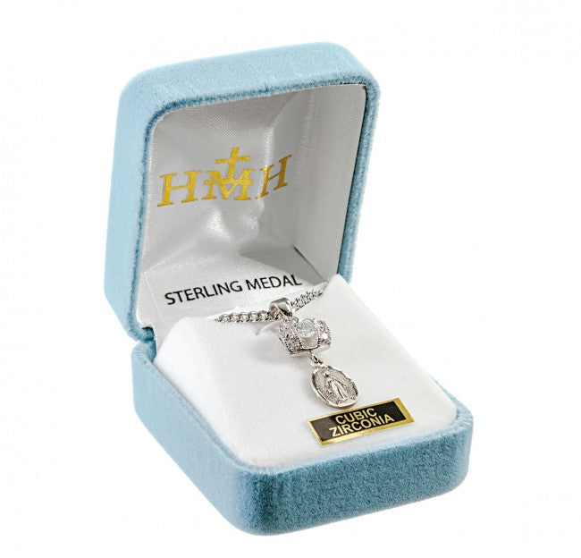 Miraculous Medal Sterling Silver CZ Pendant Necklace — 18" Chain, Gift Box