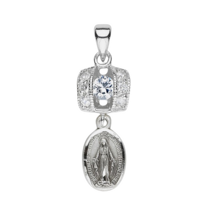 Miraculous Medal Sterling Silver CZ Pendant Necklace — 18" Chain, Gift Box
